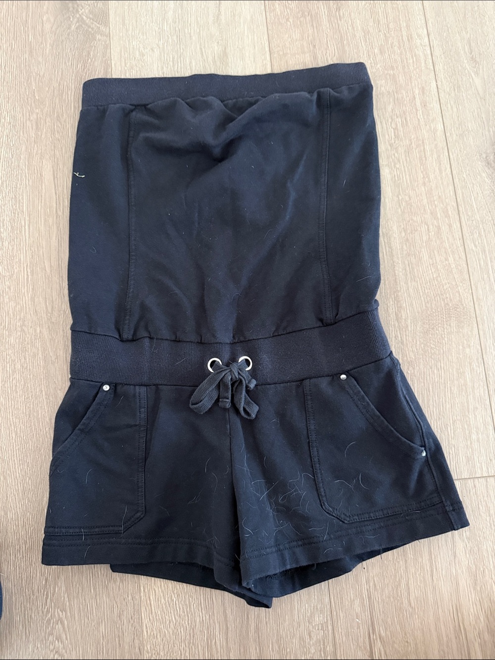 bebe Black Strapless Drawstring Waist Athletic Shorts Romper